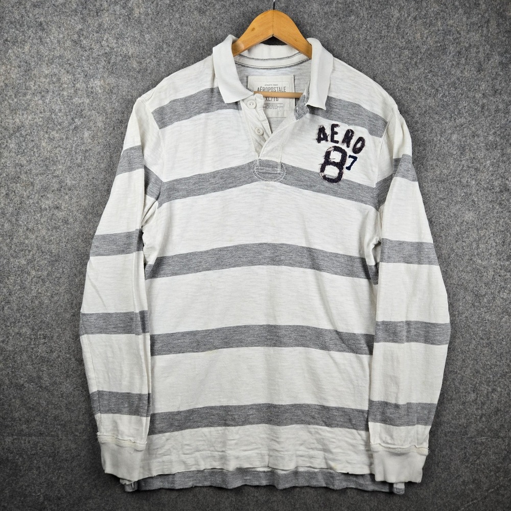 Aeropostale Rugby Shirt Mens XL White Gray Striped Long Sleeve Logo Polo Y2K